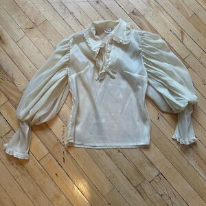 Vintage Sheer Ruffle Tie-Neck Blouse in Cream